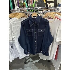 Sears 100% Polyester Navy Blue White Stitching Long Sleeve Button Up Size Large